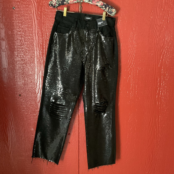 Express Straight Ankle High Rise Sequin Jeans Size 2R Black Distressed  NWT Y2K - Picture 8 of 10